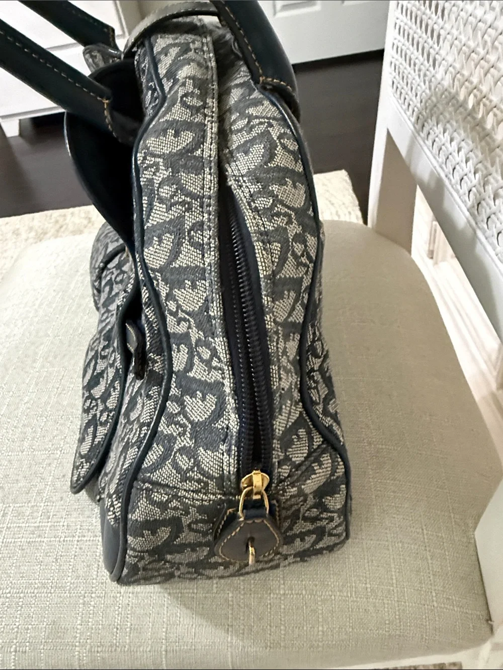 Dior Navy and Grey Jacquard Satchel with Gold 'D' Hardware